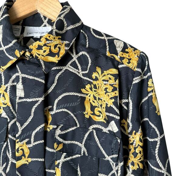 Vintage Pierre Cardin Black Gold Printed Button Up Blouse Cropped Long Sleeve, 6 - Picture 4 of 11